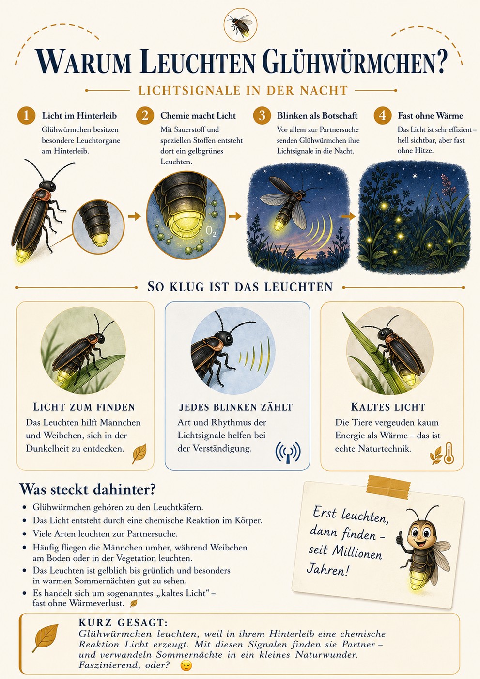 Warum leuchten Glühwürmchen? – Infotafel von Fauna Mibaso