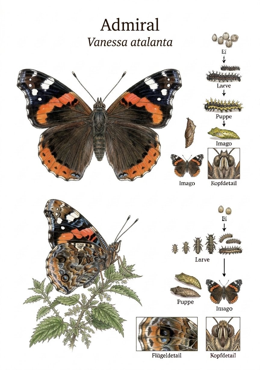 Naturkundliche Lehrtafel: Admiral (Vanessa atalanta) mit Entwicklungsstadien